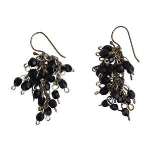 Vintage Handmade Silver and Black Bead Dangle Earrings 1.5”